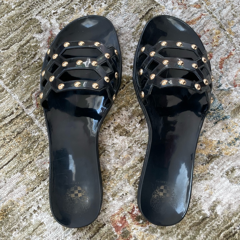 Vince Camuto Black and Gold Studded Jelly Sandals